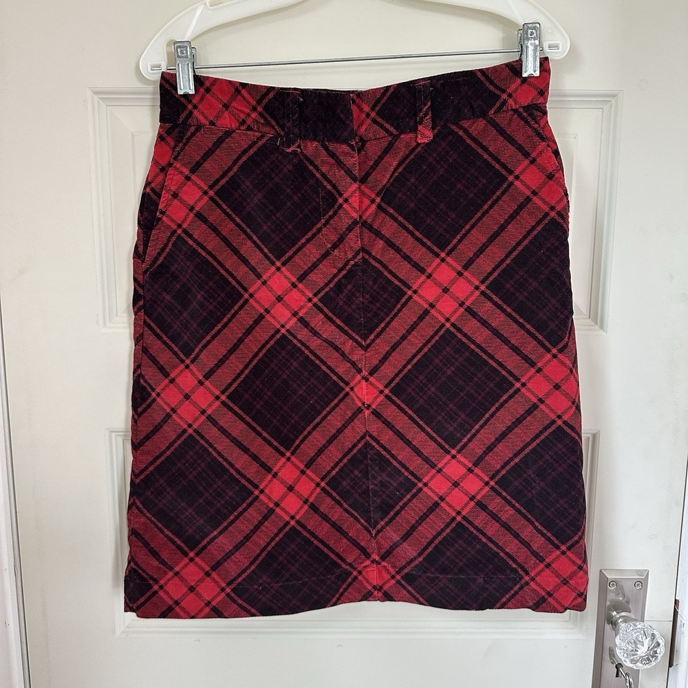 LL Bean Velour Plaid Skirt Womens 6 Reg Plaid Red Black Midi Pencil OJQL7 Pocket